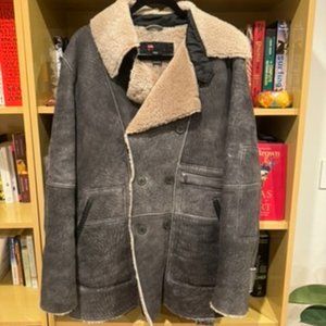 Diesel Shearling Leather Gray Double Breasted Jacket Coat Size M Medium